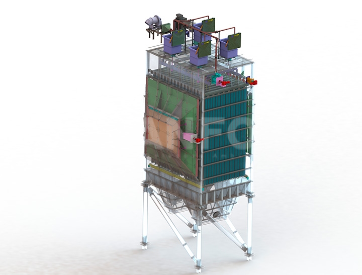 3‑D model of a tall baghouse filter system showing internal panels, pipes, and support legs.